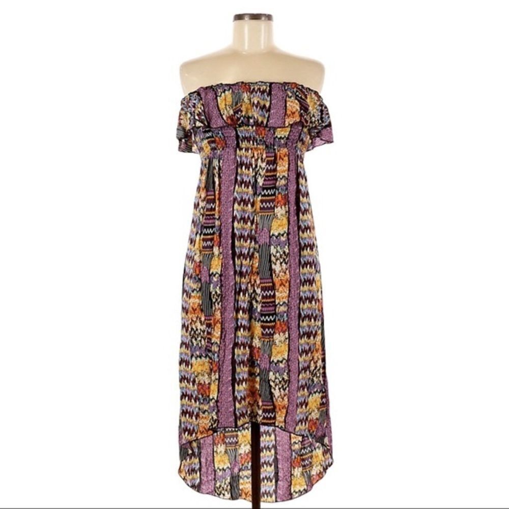 🌺 Poetry Boho Tribal Print Strapless Smocked Hi Low Midi Dress Size M